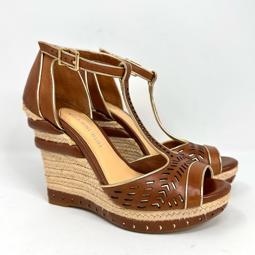 Gianni Bini Women’s Brown Leather T-Strap Espadrille Wedges